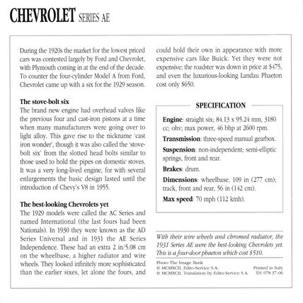Collectors Club card. Classic Cars. Chevrolet Series AE