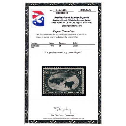 292, Mint NH $1 Cattle In Storm - With PSE Certificate * Stuart Katz