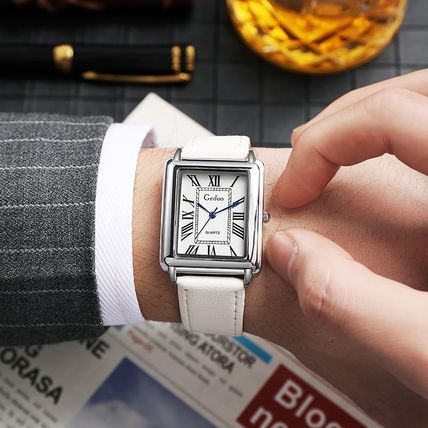 Gents White Tank Square Face Roman Numerals White Genuine Leather Strap Watch