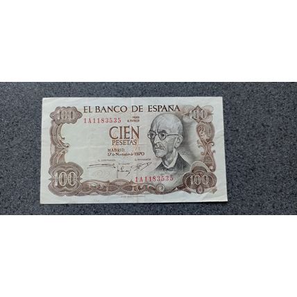 Banknote Spain 100 Pesetas 1970. Serial Number 1A1183535