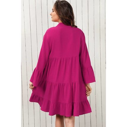 Rose Crinkled Tiered Split Neck Shirt Dress
