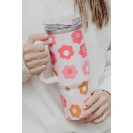 Multicolor Flower Print Handled Stainless Steel Vacuum Cup