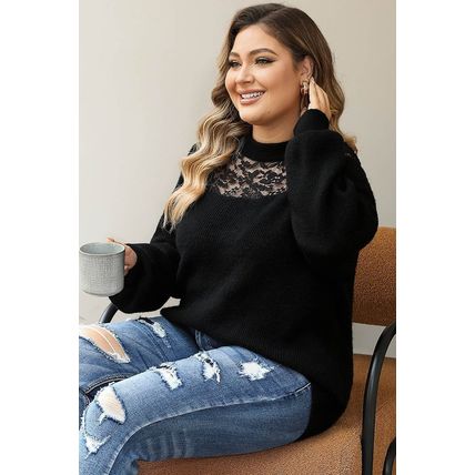 Black Plus Size Ribbed Knit Lace Splicing High Neck Sweater