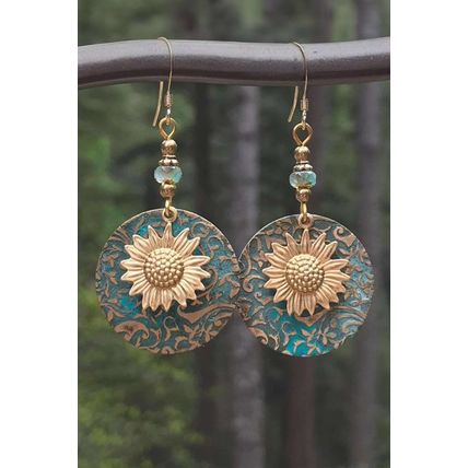 Real Teal Retro Sunflower Disc Alloy Dangle Earrings