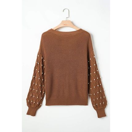 Chestnut Beaded Drop Shoulder Round Neck Sweater