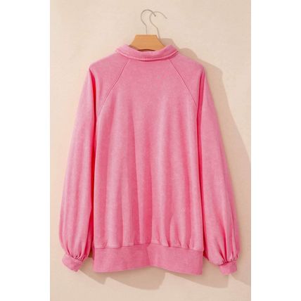 Pink Solid Snap Buttons Collared Balloon Sleeve Oversized Sweatshirt