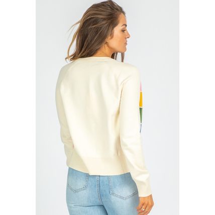 White Stripe Colorful Pattern Button Front Sweater Cardigan