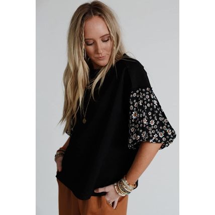 Black Contrast Floral Puff Sleeve Oversized Top