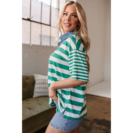 Green Stripe Colorblock Collar Half Buttons T Shirt