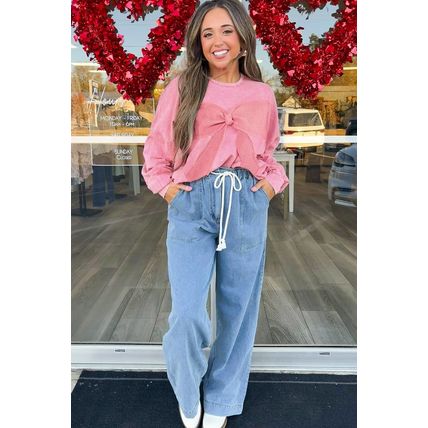 Bright Pink Mineral Wash Big Bow Patchwork Pullover Sweatshirt