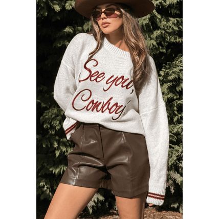 White See You Cowboy Embroidered Western Graphic Sweater