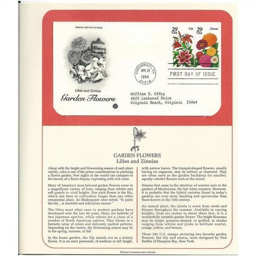 GARDEN FLOWERS : Lilies & Zinnias ' OFFICIAL FIRST DAY of ISSUE ' (1994)