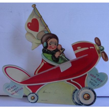 VINTAGE ' VALENTINE CARD ' FLY BOY in AIRPLANE with Heart Wings 1930s