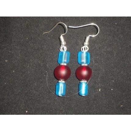 Frosted square sky blue over frosted round red glass dangle earrings