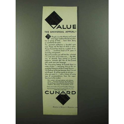 1931 Cunard Cruise Ad - Value The Universal Appeal