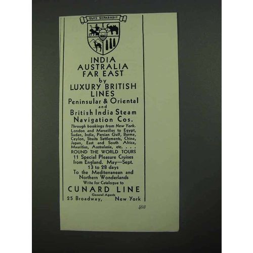 1931 Cunard Line Ad - India Australia Far East