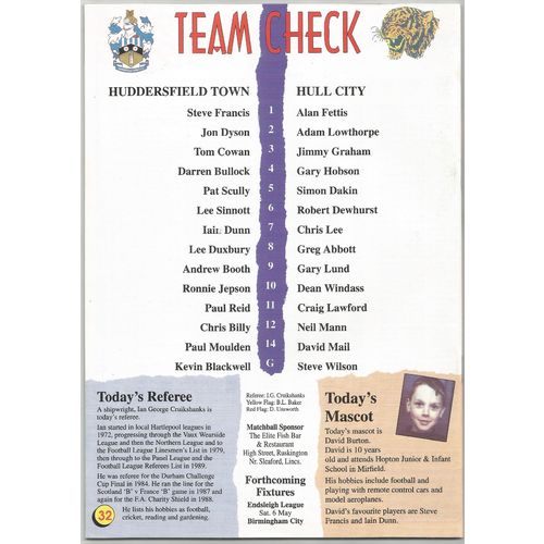 1994-95 HUDDERSFIELD TOWN v HULL CITY (Excellent Condition - No Writing)