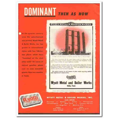 WYATT METAL BOILER WORKS 1959 Dominant absorber towers oil vintage ad