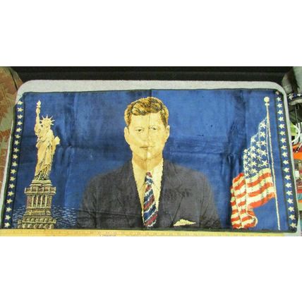 Vintage 1964 JFK John Kennedy President Cotton Rug Tapestry Wall Art 19" x 36"