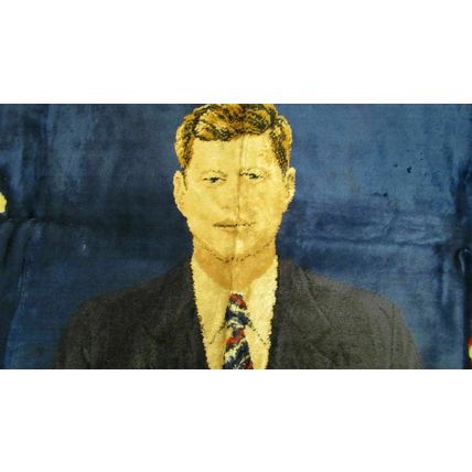 Vintage 1964 JFK John Kennedy President Cotton Rug Tapestry Wall Art 19" x 36"