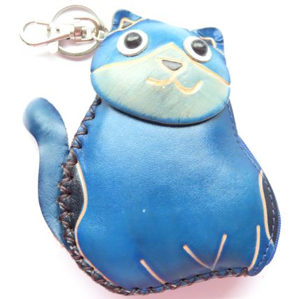 Blue Cat Shaped Leather Coin Purse on a Keyring 16 CM - 0018P