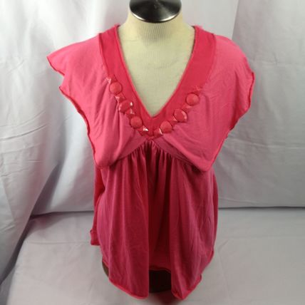 Daisy Fuentes Womens Blouse Top Pink Pullover V-Neck Short Sleeve Sz PXL