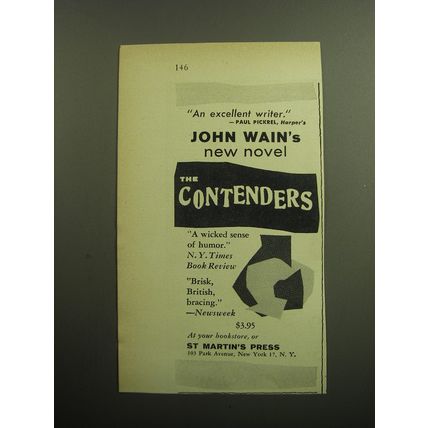 1958 St Martin's Press Book Ad - The Contenders by John Wain