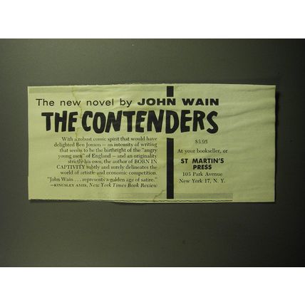 1958 St Martin's Press Book Advertisement - The Contenders by John Wain