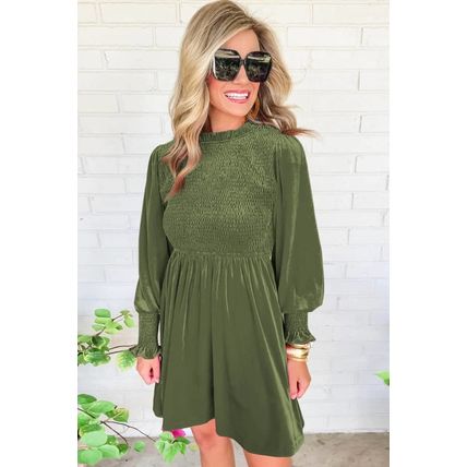 Moss Green Frilled Neck Smocked Bodice Velvet Dress