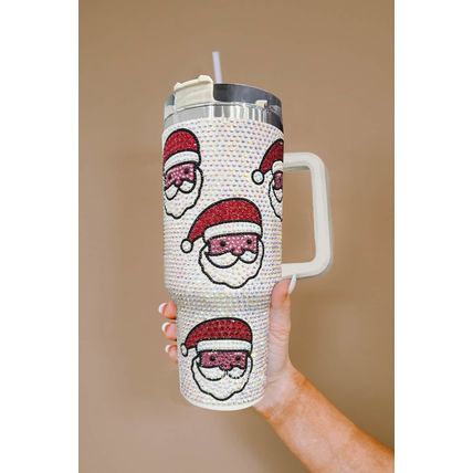 White Christmas Santa Claus Diamond Thermos Cup with Straw