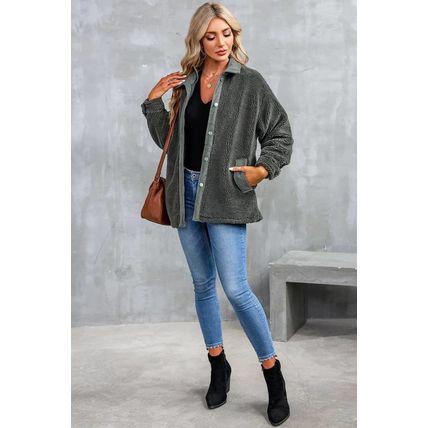 Gray Corduroy Trim Elbow Patch Sherpa Jacket