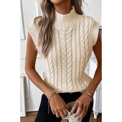 Oatmeal Cable Knit High Neck Sweater Vest