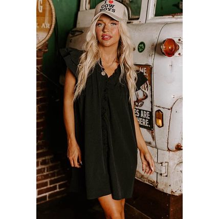 Black Ruffle Sleeve V Neck Frilled Shift Dress