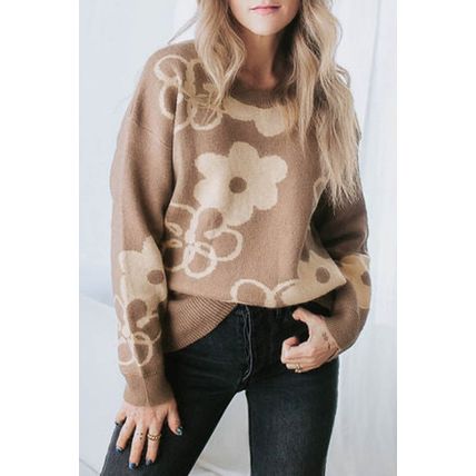 Camel Floral Drop Shoulder Ribbed Trim Sweater