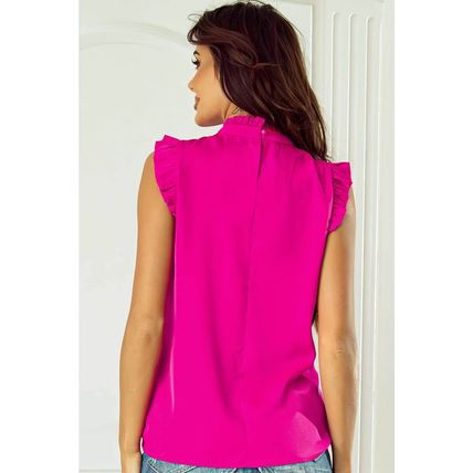 Bright Pink Pleated Mock Neck Frilled Trim Sleeveless Top