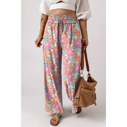 Pink Floral Smocked Waist Loose Pants
