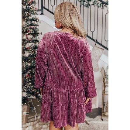 Meadow Mauve Plus Size Textured Velvet Tiered Button V Neck Dress