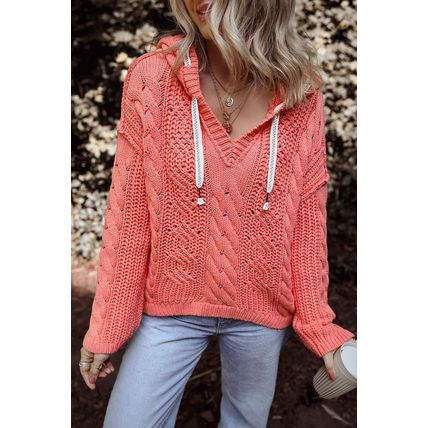 Gold Flame Cable Knit V Neck Contrast Drawstring Hooded Sweater