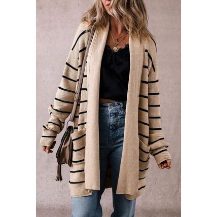 Black Stripe Shawl Neckline Open Cardigan with Pockets