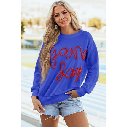Dark Blue Tinsel Game Day Drop Shoulder Graphic Sweatshirt