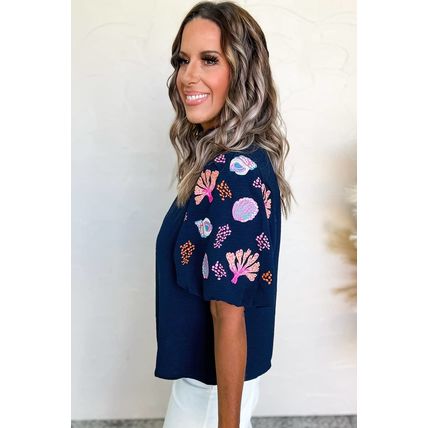 Sail Blue Shellfish Coral Embroidery Puff Sleeve Frilled Neck Blouse