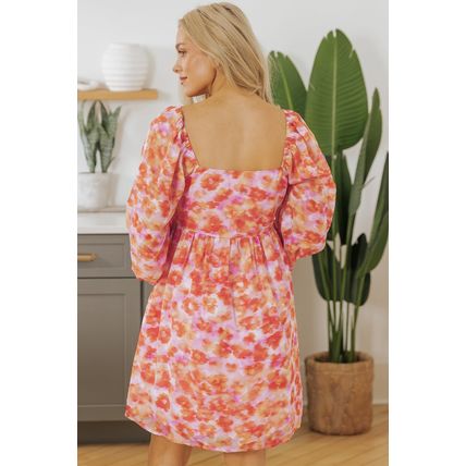 Rose Floral Print Square Neck High Waist Mini Dress