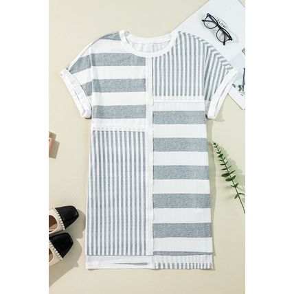 Gray Stripe Mixed Printed Short Sleeve Shift Mini T Shirt Dress