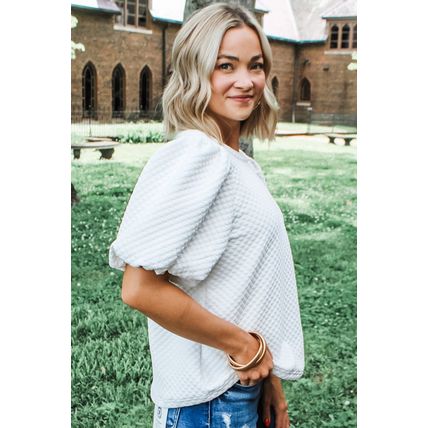 White Solid Textured O Neck Puff Sleeve Blouse