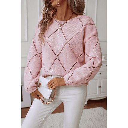 Light Pink Hollowed Rhombus Pattern Sequin Detail Round Neck Sweater