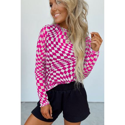 Rose Checkered Pattern Mesh Mock Neck Long Sleeve Top