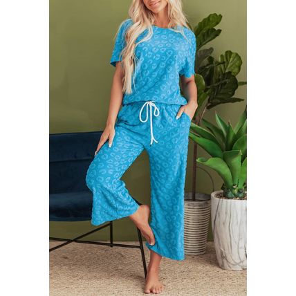 Blue Leopard Jacquard Short Sleeve Top and Wide Leg Pants Set