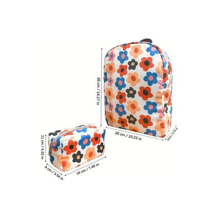 Khaki Flower Print Corduroy Backpack with Matching Pouch
