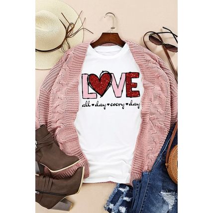 White Valentine LOVE Heart Shape Crew Neck Graphic Tee