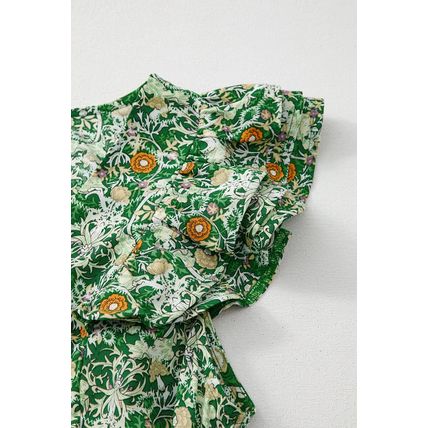 Green Flower Print Flutter Sleeve V Neck Sashed Ruffled Mini Dress